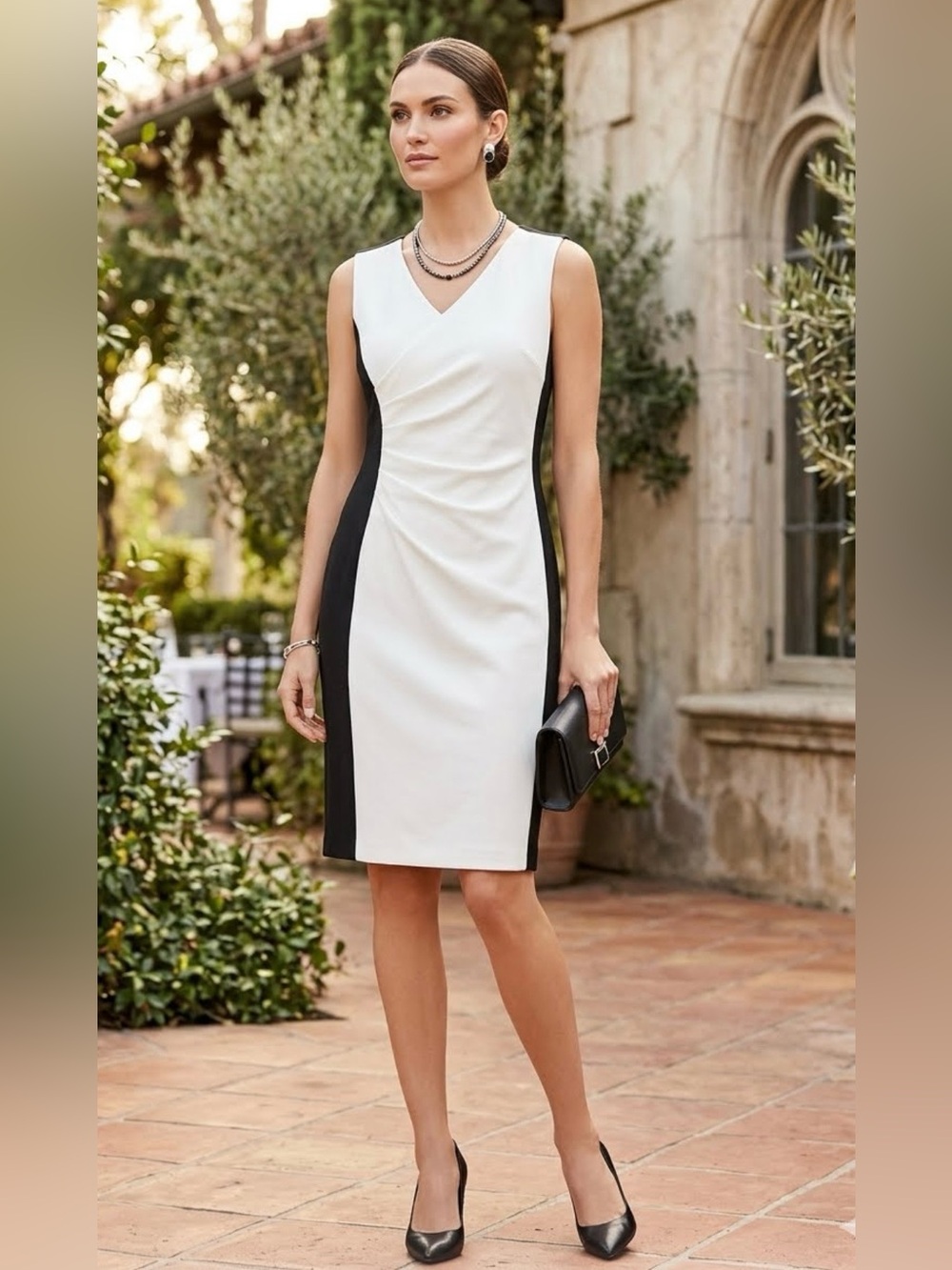 NWT T Tahari Dress V-Neck Navy/White Sz 14